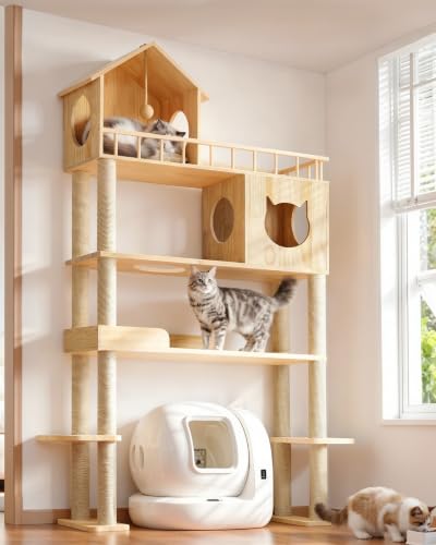 Wood Cat Tree for Automatic Litter Box, 5 Tier Cat Tower, 74 Inch - size: 74.4''H