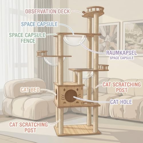 Yinanroa 73-Inch Cat Tower for Multiple Cats, Cat Tower for Large Cats, Slim, Stable, Freestanding, Popular,Prevents Cats from Falling, Space Saving, Wooden Cat Tree. 20lb (8782) - size: 8782