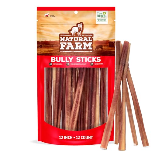 Natural Farm Odor-Free Bully Sticks (12 Inch, 12 Pack), 1.2 lbs. Per Bag, 100% Beef Pizzle Chews, Grass-Fed, Non-GMO, Fully Digestible Long Lasting Best Dental Treats to Keep Your Dogs Busy - size: 12" Standard - 12 Count