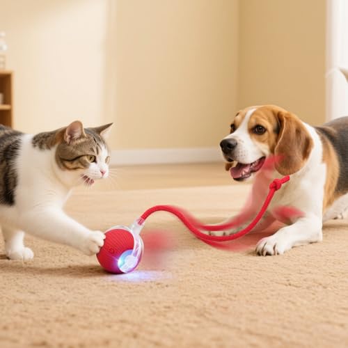 Interactive Electric Automatic Rolling Moving USB Rechargeable Self Activated Play Stimulation Toy Smart Chase Teaser Ball with Speedy Tail Rope for Bored Adult Indoor Cats and Dogs, Pink