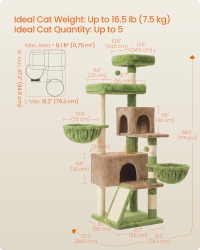 Feandrea Cat Tree, 68.5-in Tall Cat Tower, Multi-Level Condo, Green - color: Green