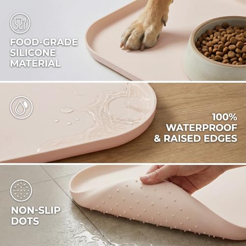 BLESWIN Non-Slip Silicone Dog Food Mat for Food and Water, 18" x 12" Raised Edge Pet Feeding Mat - Waterproof Dog Bowl Mat Easy Clean for Floor Protector,Beige - color: Beige, size: 45 x 30 cm