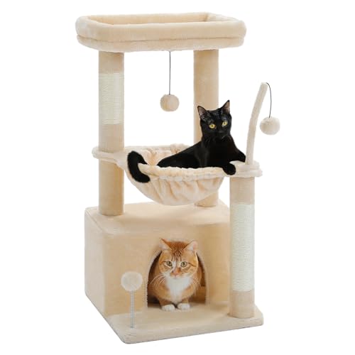PEQULTI 4-in-1 Cat Tree for Kittens & Small Cats, 33in Beige Tower - color: Beige, size: L(15.8"L x 15.8"W x 33"H)