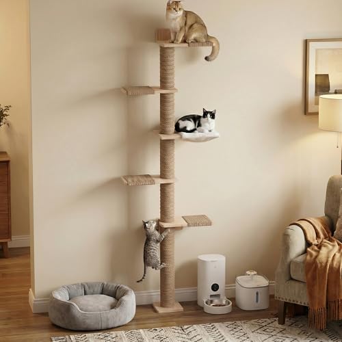 Tall Cat Tree, 5 Tier Floor Cats Tower, Wall-Mounted Kitten Sisal Scratching Post, with Cozy Hammock, Suitable for Climb, Scratch, Lookout and Play (Wall-Mounted) - size: Wall-Mounted