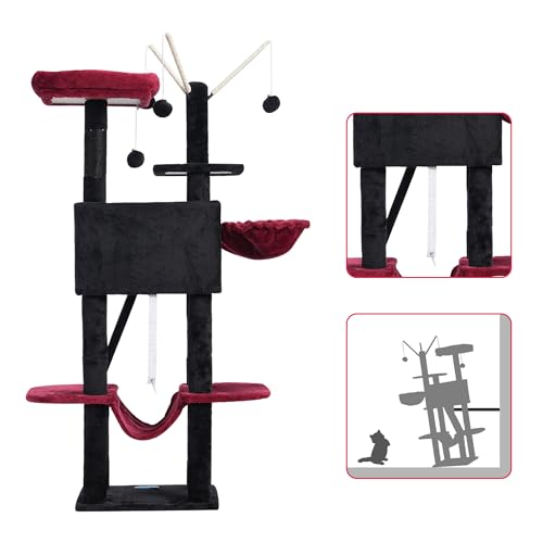 Hey-brother Cat Tree Tower with Padded Platform Bed, Hammock, MPJ019-SBR - color: Black and Red
