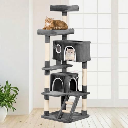 Cat Tree Tower 60 inch - Multi-Level Indoor Activity Center with Sisal Scratching Posts, Condo, Plush Perch & Hanging Toys for Kittens (Black) - color: Black