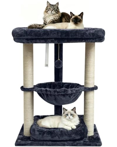 SYANDLVY 3 Level Small Cat Tree with Top Perch, Middle Hammock & Bottom Bed - color: Smoky