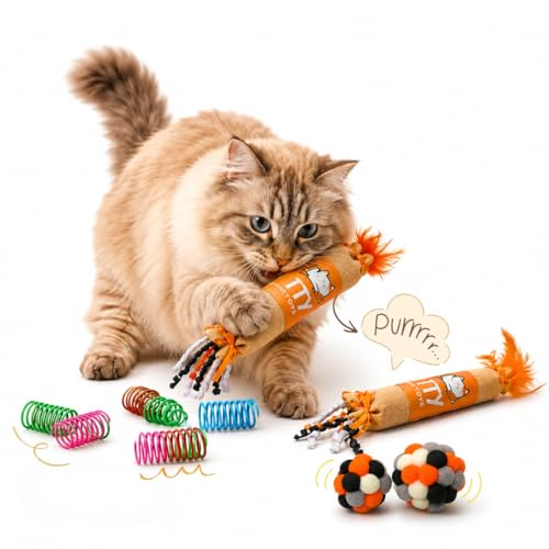 Kruncher Set, 34 to 44 Piece Interactive Cat Toy, Variety Pack Includes 2 Burlap Crinkle Kicker Toys with Feathers 30 Durable Cat Springs and 2 Soft Plush Pom Poms for Indoor Cats.