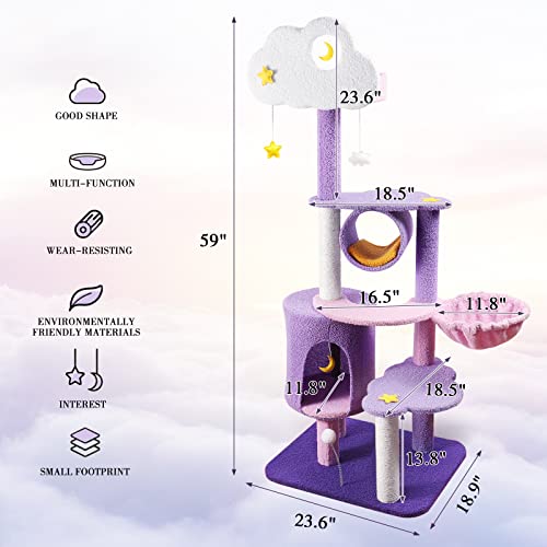 59 Inch Cloud Cat Tree for Indoor Large Cats, Cute Purple Pink Cat Tower - size: 59 Inch Cat Tree
