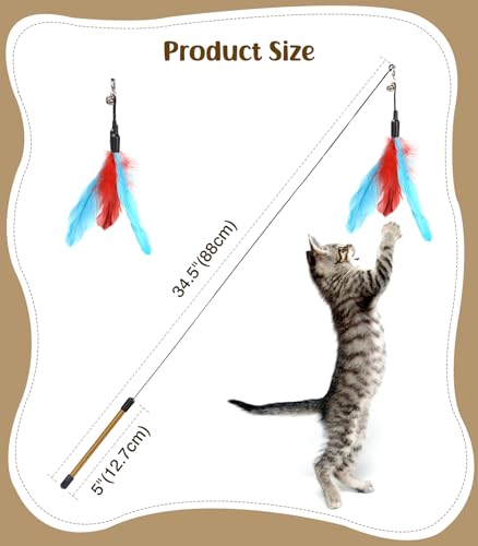 Pawaboo Cat Feather Wand Interactive Toy, 2 Feathers + 1 Wand with Bell - color: Blue + Red Brown