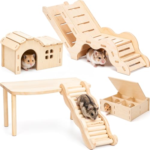 Novabright 5 Pcs Hamster Platform Set Including Wooden Hideout Tunnel Toy Multi Chamber Secret Climbing Ladder Bridge Wooden House Cage Accessories for Small Animal Gerbils Dwarf Syrian - style: Climbing Adventure Set