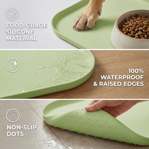 BLESWIN Non-Slip Silicone Dog Food Mat for Food and Water, 18" x 12" Raised Edge Pet Feeding Mat - Waterproof Dog Bowl Mat Easy Clean for Floor Protector,Light Green - color: Light Green, size: 45 x 30 cm