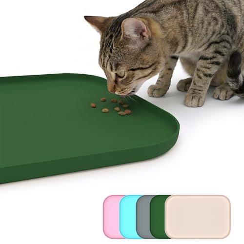 BLESWIN Non-Slip Silicone Dog Food Mat for Food and Water, 18" x 12" Raised Edge Pet Feeding Mat - Waterproof Dog Bowl Mat Easy Clean for Floor Protector,Dark Green - color: Dark Green, size: 45 x 30 cm