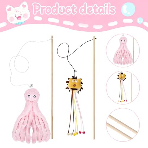 2-Pack Cat Toy Wand Set: Interactive Cat Teaser Wands with Bells and Streamers to Engage Your Cat’s Natural Instincts (Dog and Octopus) - color: Dog and Octopus
