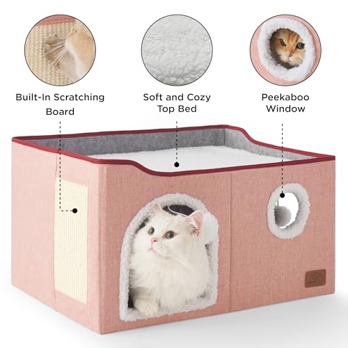 Bedsure Extra Wide Cat House Bed with Fluffy Ball and Scratch Pad,Pink - color: Pink, size: Widen