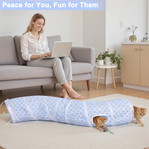 Glittme S-Shape Cat Tunnel, Foldable Cat Tunnels for Indoor Cats - color: Blue Flowers