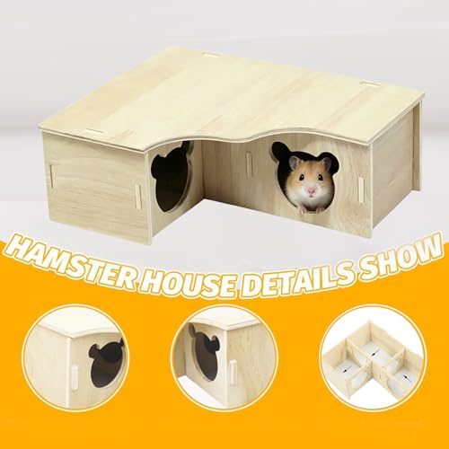 Multi-Chamber Hamster House Maze, 3-Room Hideouts, Wooden Hamster Maze & Tunnel Exploring Toys, Dwarf Hamster House Habitats Decor for Hamster Mice Gerbils Lemmings
