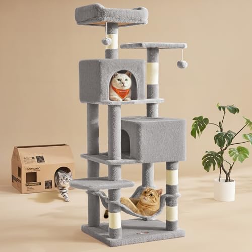 Feandrea Cat Tree, 59.5-Inch Tall Cat Tower, Multi-Level Condo, Light Gray - color: Light Gray, size: 59.5 Inches