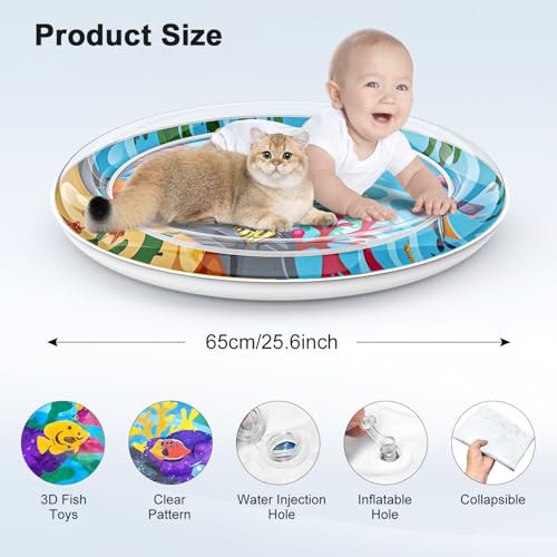 Inflatable Cat Dog Baby Water Mat Toy, [Newly Upgraded, 2 Layers Thickened] Premium Anti-Scratch Leak Proof Mat, with Floating Fish for Indoor Kitten Cats & Kids to Swatting Exercise Hunting (Dolphin)
