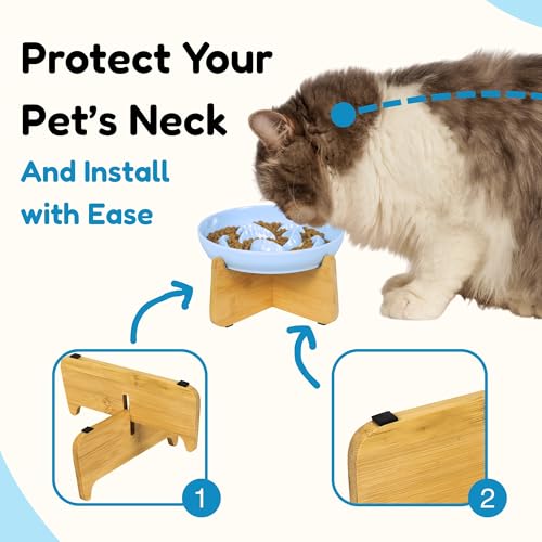 Slow Feeder Cat Bowl with Stand - Unbreakable Elevated Slow Feeder Bowl for Cats - Melamine Puzzle Raised Cat Food Bowl - Whisker Friendly & Wet & Dry Food- Dishwasher Safe & Non Slip (Blue - color: Blue