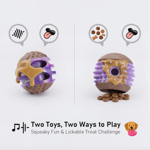 MECOOL 2PCS Durable Dog Chew Toys, Squeaky Chew Ball & Treat Dispensing Toy, Tough Nylon Ends & Natural Rubber for Aggressive Chewers, Interactive Puzzle Toys for All Breed Dogs,Bacon Flavored,Purple - color: Purple