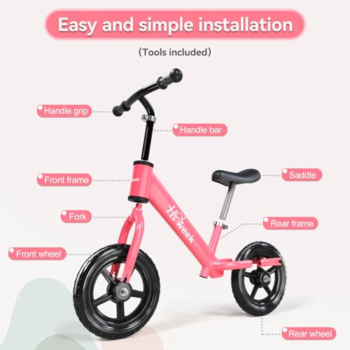Toddler Balance Bike 12” No Pedal Training Bike for Kids 2-5 Years Adjustable Seat & Handlebar Best Gifts for 1-3 Boys Girls (Pink) - color: Pink