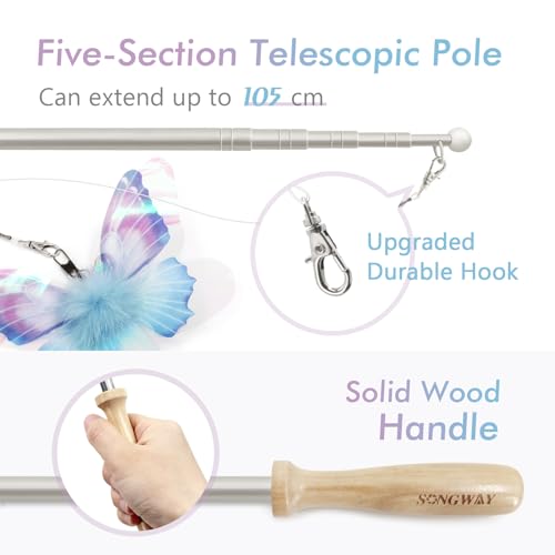 SONGWAY Cat Butterfly Toys Wand - 7 Pieces Cat Toy Set, Retractable Cat Wand with 6 Butterfly Cat Toys Replacement with Bells, Interactive Cat Toys for Indoor Cats Kittens - size: Butterfly