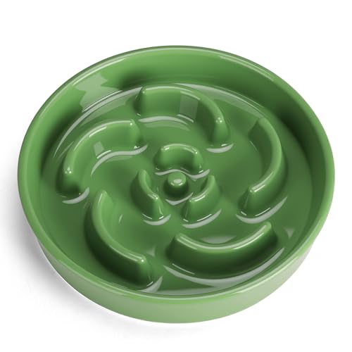 Ceramic Slow Feeder Dog Bowl, 2 Cups Maze Puzzle Dish to Slow Down Eating - color: Flower - Green