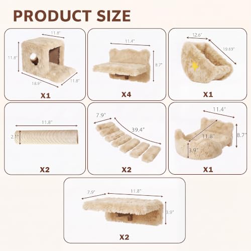 13-in-1 Cat Wall Shelves, Moon & Bridge Cat Wall Furniture, Beige - color: Beige, size: 13-in-1