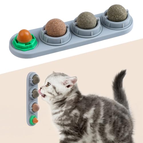 KIMOBER 4 Pack Catnip Ball for Cats,Edible Kitten Chew Toys with Catnip Silvervine Gall Fruit Flavors for Cats Lick Dental Teeth Cleaning Cats Wall Treats