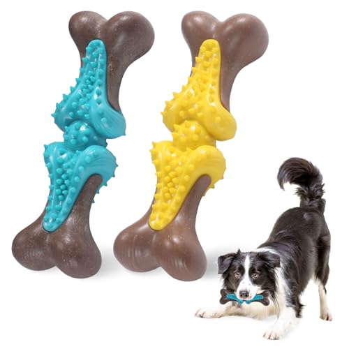 Durable Dog Chew Toys for Large Dogs - Tough Bone-Shaped Dental Chew with TPR Rubber & Wood Fiber, Teething & Aggressive Chewer Toys for Medium/Large Breed, Long-Lasting Teeth Cleaning 2 Pack set - color: Blue&Yellow-2 Pack Set