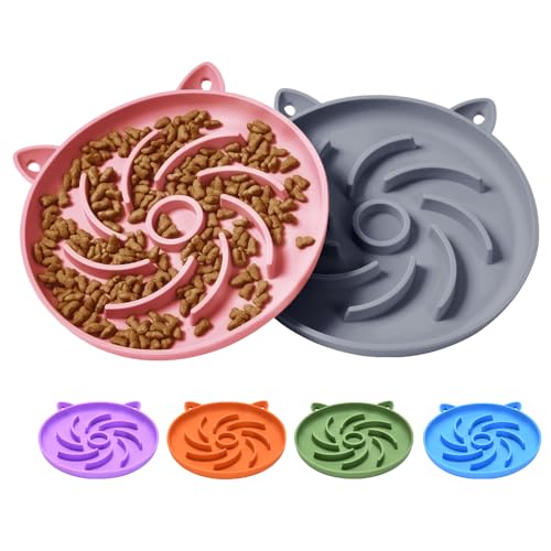 2Pcs Silicone Slow Feeder Cat Bowl,Puzzle Feeder,Interactive Toys,Slow Feeding cat Bowl Suitable for All Dry and Wet Foods,Easy to Clean Silicone Bowls(Grey and Pink) - size: Grey / Pink
