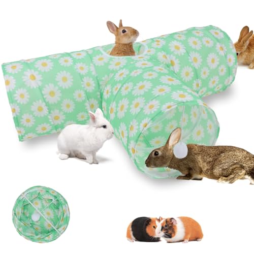 BWOGUE Bunny Tunnels & Tubes, 3-Way Collapsible Rabbit Hideout for Bunnies - color: Greenflower