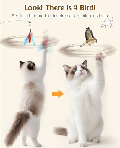 Pawaboo Cat Feather Wand Interactive Toy, 2 Feathers + 1 Wand with Bell - color: Blue + Red Brown