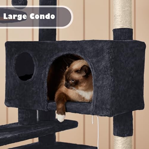 Yaheetech 54in Cat Tree Tower, 2 Caves, Kitten-Ear Perch & Scratching Posts - color: Black, size: 54in