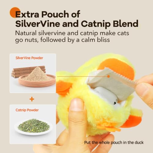 Potaroma Cat Toys Rechargeable Flapping Duck with SilverVine Catnip, Lifelike Quack Chirping, Touch Activated Kitten Kicker Plush Interactive Exercise Toys for All Breeds - size: 4.0 inches, style: Duck