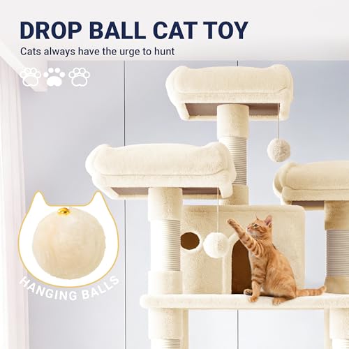 Allewie 82 Inches Large Cat Tree/House/XXL Tall Cat Towers for Big Feline/Scratching Post/Multi-Level Large Kitty Climbing Tree with Condo/Beige - color: Beige, size: 82 in