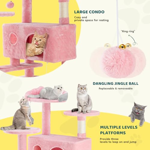 DUMOS 54 Inch Cat Tree Tower with Scratching Posts, Indoor Use - color: Pink, size: 54'' × 20'' × 20''