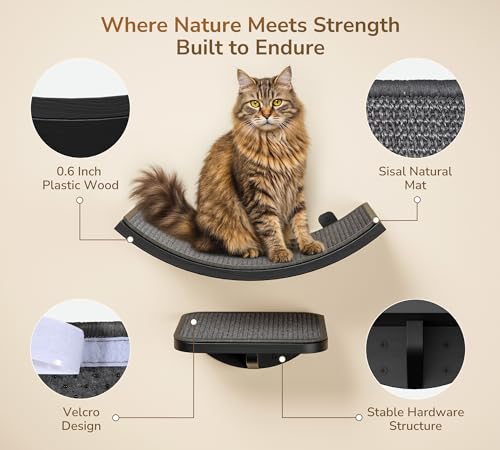 Cat Wall Shelves for Large Cats Set, Grey Curved Wall Sisal Bed and 2 Floating Wall Sisal Steps, Wall Mounted Climbing Shelves for Sleeping, Playing, and Lounging - color: Gray Sisal 3 in 1