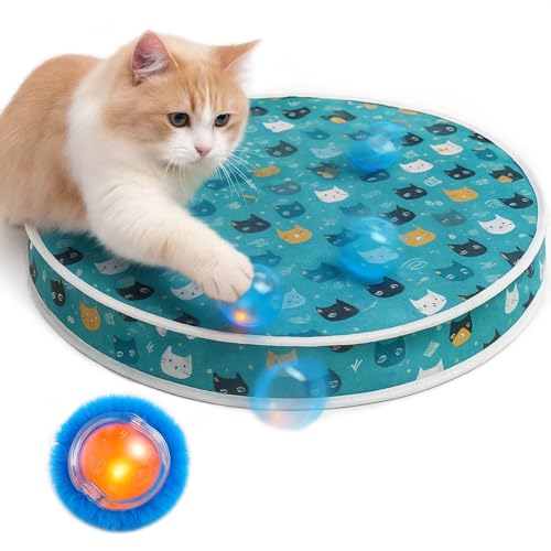 Interactive Cat Toys, Play Mat with Automatic Motion Balls, LED Lights, Bird Chirping Sound, 3 Speed Levels, Indoor Enrichment, Cat Pattern Design