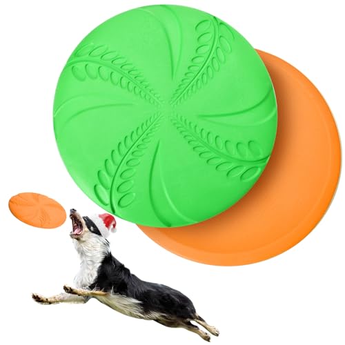 Nobleza 2 Pack Dog Flying Disc, 8in Interactive Flyer Dog Toys for Small Medium Large Dogs to Fetch, Durable Outdoor Dog Disc Toy for Long-Distance Flies and Floats on Water, Orange & Green