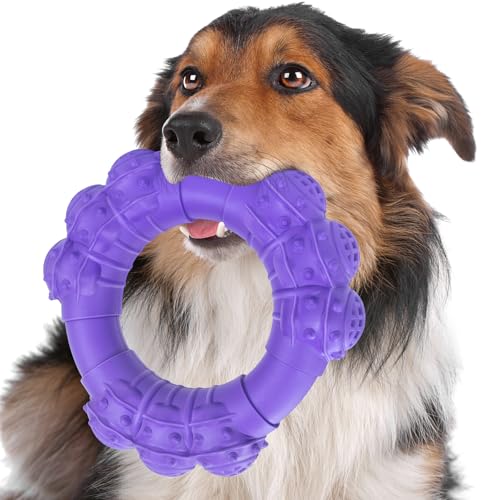 Indestructible Dog Chew Toys for Aggressive Chewers, Super Chewer Toys for Medium Large Dogs, Interactive Ring Toy, Heavy Duty Teething Toys - color: Purple