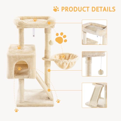 SHA CERLIN Cat Tree 36 Inches Cat Tower with Hammock, Sisal Scratching Post for Indoor Kittens, Small Room, Beige - color: BEIGE