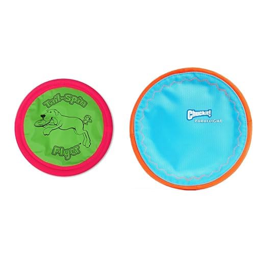 Booda Tail-Spin 7-Inch Multi-Color Flyer & Chuckit! Paraflight 9.75" Large Flying Disc Dog Toy Bundle - Water-Friendly Frisbee Set