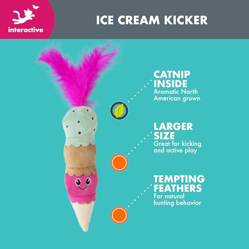 Quirky Kitty Ice Cream Kicker Catnip Crinkle Feather Soft Plush Cat Toy | Large Kicker Cat Toy for Bunny Kicks, Pouncing & Batting | Interactive Catnip Toy for Active Play - size: Pack of 1, style: Ice Cream Kicker