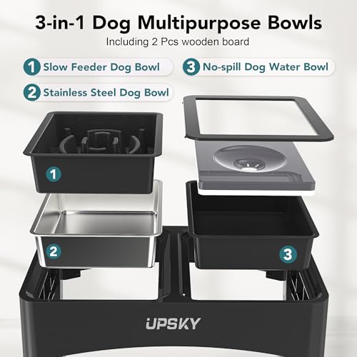 UPSKY 3-in-1 Elevated Dog Bowl with 2Pcs Lids, 4 Height Adjustable, Black - color: Black