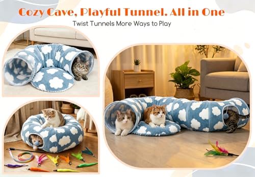 Cat Tunnel Bed with Toys – Large Collapsible Play Tube (Blue) - color: Cozy Clouds Blue