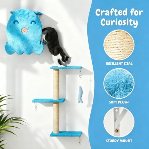 COZIWOW Wall Cat Tree,4Pc Ocean Blue Octopus Sisal Perch Multi-Cat Home - color: Ocean Blue