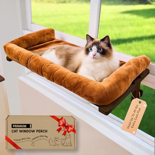 [Ready to Gift] PURRHOUSE 45LBS Cat Window Perch with Bolster, Hammock Seat with Plywood & Metal Frame, Cat Bed for Windowsill, Bedside and Cabinet (Walnut Wood & Brown Cushion, 24.8''W x 9.4''H) - color: Walnut Wood & Brown Cushion
