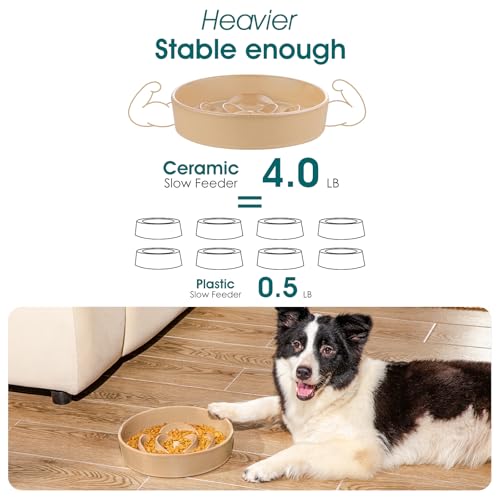 vancasso Ceramic Slow Feeder Dog Bowls, 3 Cups Puzzle Dish for Large Breeds - color: Khaki, size: L - 3 Cups